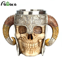 Stainless Steel Skull Mug with Viking Ram Horns